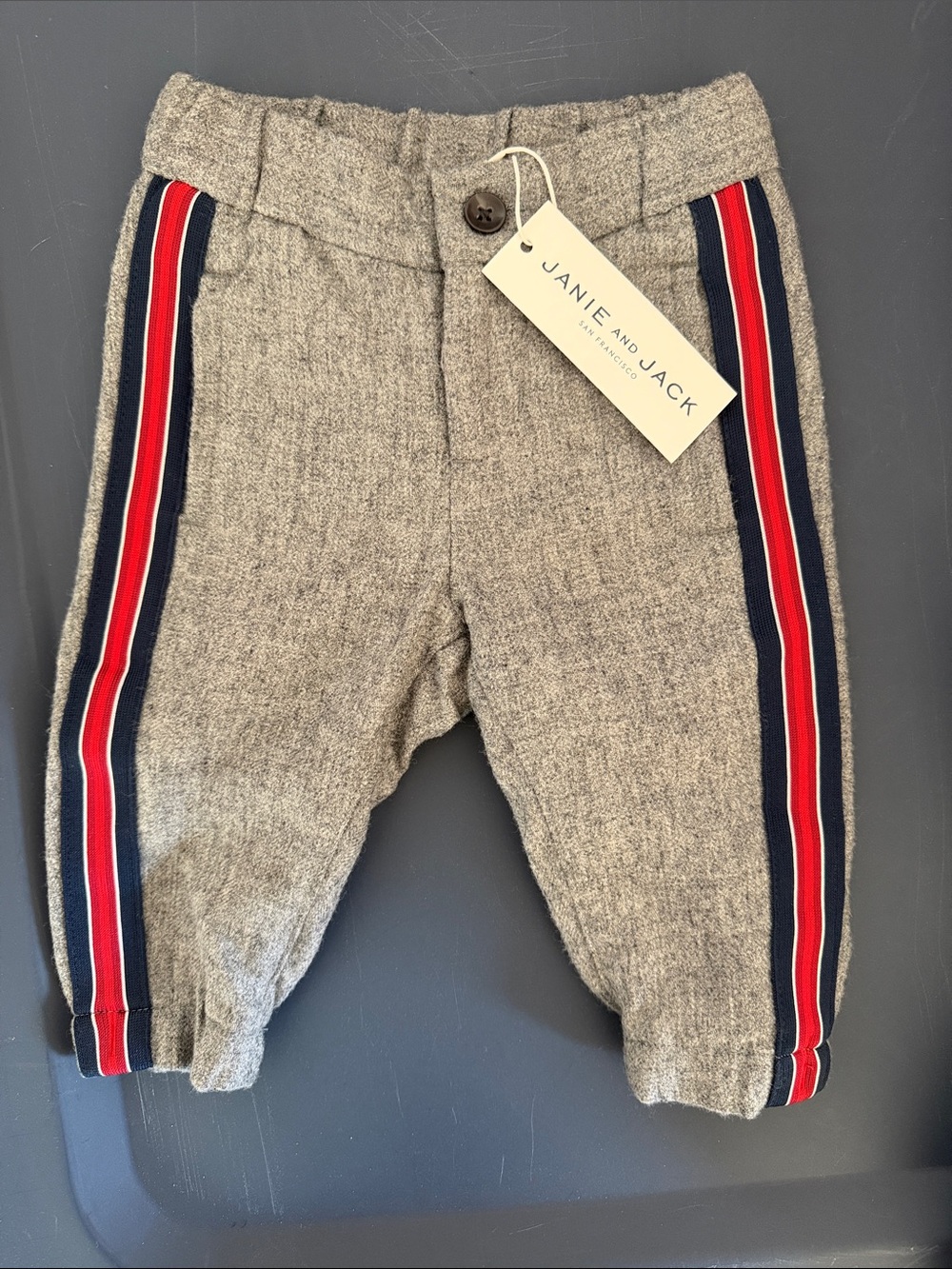 Janie and Jack Heather Gray Jogger Pants with Red & Navy Side Stripes